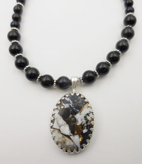 DKC-1128 Pendant White TQ /Onyx Beads $250 at Hunter Wolff Gallery
